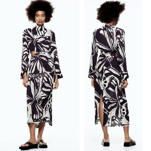 Zara Dresses & Skirts - ZARA Womens Abstract Printed Cut-out Midriff Midi Dress Navy/Off-White S NWT